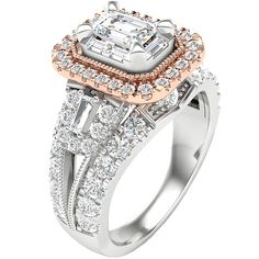 1.95 CT. T.W. Diamond Bridal Ring in 14k Two Tone Gold - Sam's Club Luxury White Emerald Cut Halo Ring, White Radiant Cut Gia Certified Diamond Ring, White Radiant Cut Diamond Ring With Halo Setting, Luxury White Diamond Ring With Halo Design, Emerald Cut Halo, Sams Club, Sam's Club, Halo Diamond Ring, Bridal Ring