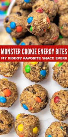 monster cookie energy bites with m & m's in the middle and text overlay