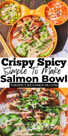 crispy spicy sauce to make salmon bowl with rice and cucumbers in orange bowls