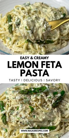 two plates of lemon feta pasta with asparagus and parmesan cheese