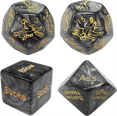 four black dices with gold designs on the front and back, all in different positions