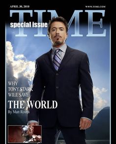 a man in a suit and tie on the cover of time magazine, with an image of him