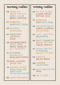 Morning and evening routine checklist for your Self Care Journal as mom in 2024 #selfgrowth #affirmations #quotes #glowup #beautytips #skincare #personaldevelopment #SelfCare   #SelfCareChecklist   #SelfCareIdeas   #SelfCareVisionBoard. Find out more here 👉 https://www.theworldaccordingtome.org/1790248_revitalize-your-mind-25-self-care-ideas-for-at-home-stress-relief/?selfcare Bujo Ideal Routine, Destress Morning Routine, Morning Routine Goodnotes, Magic Morning Routine, Weekly Morning Routine, Morning Routine With Time Stamps, Daily Routine Schedule Mental Health, Bujo Daily Routine, 9-5 Routine