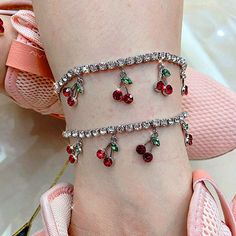 Rhinestone and Cherry Ankle Bracelet Adjustable Red Anklets For Party, Mountain Jewelry, Crystal Anklet, Pandora Charm Bracelet, Lobster Clasp, Types Of Metal, Zinc Alloy, Anklets, Cherry