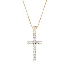 Ross-Simons - .25ct t. w. Diamond Cross Pendant Necklace in 14kt Yellow Gold. 18". Sparkling cross shines with .25 ct. t. w of diamonds. Presented on a box-style chain. 14kt yellow gold necklace. Diamond birthstones are the perfect gift for April birthdays. Classic Diamond Cross Necklace For Formal Occasions, Classic Diamond White Cross Necklace, Diamond Crucifix Necklace With Accents, Classic Diamond Cross Necklace In Diamond White, Classic Diamond White Diamond Cross Necklace, Classic Yellow Gold Cross Diamond Necklace, Anniversary Diamond Necklace With Crucifix, Anniversary Diamond Crucifix Necklace, Classic Cross Necklace With Diamond Accents