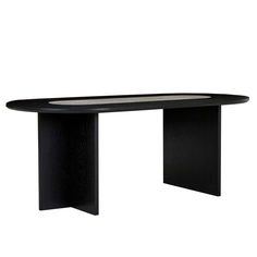 a black table with a glass top on the bottom and an oval shaped base at the end