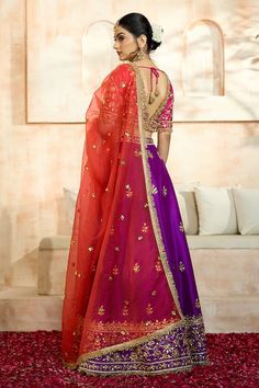 Violet lehenga with an attached cancan featuring gota floral pattern embroidery. Comes with matching embroidered padded fuchsia blouse and red dupatta. - Aza Fashions Festive Chanderi Lehenga With Dori Work, Designer Chanderi Choli With Dori Work, Festive Organza Lehenga With Zari Work, Transitional Anarkali Lehenga In Dola Silk, Reception Chanderi Sets With Dori Work, Chanderi Lehenga With Dori Work For Reception, Chanderi Sets With Dori Work For Reception, Transitional Anarkali Dola Silk Lehenga, Designer Chanderi Choli With Dupatta