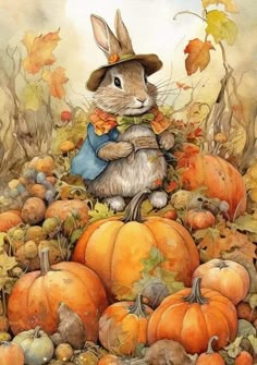 a painting of a rabbit sitting on top of pumpkins