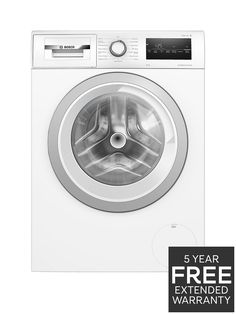 a white washing machine with the words 5 year free extended warrant