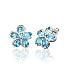 Blue Topaz Plumeria Diamond Earrings in Sterling Silver Luxury Blue Flower Earrings, Luxury Blue Flower Earrings For Gift, Luxury Blue Flower Earrings As Gift, Plumeria Flowers, Hawaiian Jewelry, Blue Topaz Stone, Spring Jewelry, Stud Earrings Set, Flower Jewellery