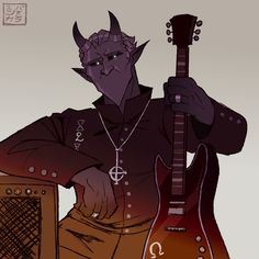 a drawing of a demon holding a guitar in his right hand and standing next to an amp