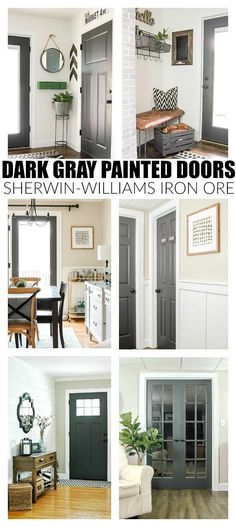 several pictures of different doors and furniture in the same room with text that reads dark gray painted doors shelving williams iron one