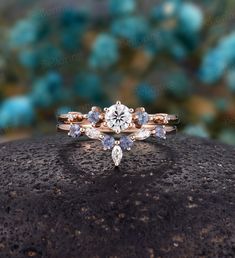 an engagement ring on top of a rock with blue flowers in the backgroud