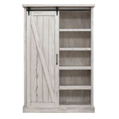 an open bookcase with sliding doors on the front and side, in whitewashed wood