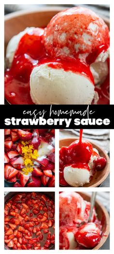 easy homemade strawberry sauce in a bowl with ice cream and strawberries on the side