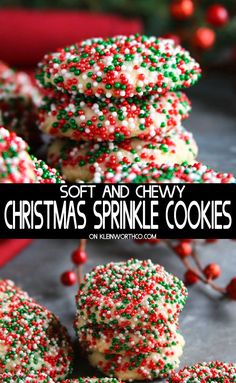 soft and chewy christmas sprinkle cookies are stacked on top of each other