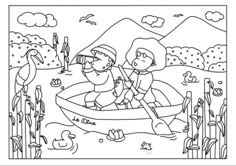 a coloring page with two people in a boat