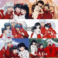 some anime characters are hugging each other in the same photo, and one is wearing red