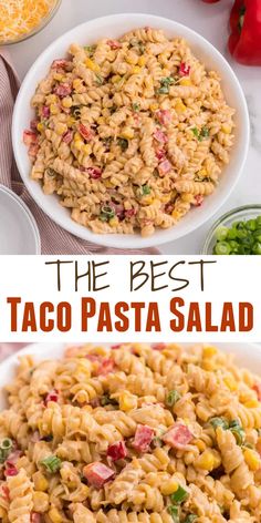 the best taco pasta salad is in two bowls and ready to be eaten