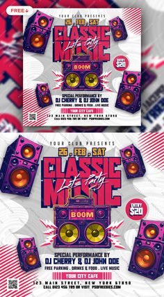 a flyer for a music event with speakers and sound equipment on the front, side and back