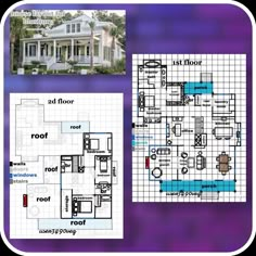 the floor plan for this house is shown in blue and purple tones, with an image of