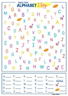 the upper case alphabet worksheet is shown with letters and numbers in different colors