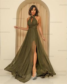 Olive Green Chiffon Long Prom Dresses Jewel Neck Side Slit Criss Cross – 90shopping Co LLC A Line Evening Dress, Chiffon Prom Dress, Long Prom Dress, Formal Gowns, Chiffon Fabric, Prom Dresses Long