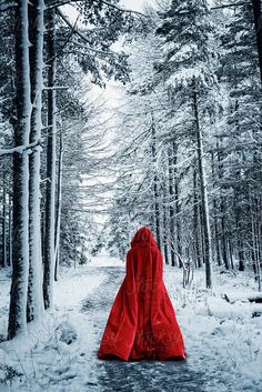 a person in a red cloak walking through the woods