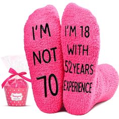 PRICES MAY VARY. BIRTHDAY GIFTS FOR WOMEN: These pink socks could be the perfect birthday gift for your mom, grandma, wife, aunt, sister in law, or female friend. GIFTS FOR HER: Say it with socks - "I'M NOT 70, I'M 18 WITH 52 YEARS EXPERIENCE." These are suitable for any holiday gifts, such as Birthday gifts, White Elephant gifts, Christmas gifts, Anniversary gifts, Mothers Day gifts. RETIRED GIFTS FOR WOMEN: Celebrate the milestone of turning 70 with our specially designed socks, perfect for re 71st Birthday, 71 Birthday, Cupcake Packaging, Christmas Wedding Gifts, Friend Gifts, Valentines Day Weddings, Old Woman, Gifts For Your Mom, Christmas Birthday Gifts