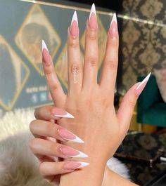 White Sharp French Tip Nails, Long French Nails With Design, Stilleto Frenchies Nails, Stiletto White French Tip Nails, White French Tip Stiletto Nails, French Tip Stiletto Nails Long, Slanted French Tip Nails, Angled French Tip Nails, French Tips Stiletto Nails