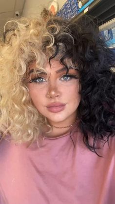 Blond Dyed Curly Hair, Half Black Half Blonde Hair Curly, Half And Half Curly Hair, Half And Half Hair Color Curly, Block Color Curly Hair, Split Dye Hair Curly, Curly Hair Color Block, Curly Split Dye, Half And Half Hair Dye