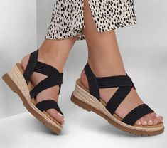 Start your leisurely day in breezy style wearing BOBS from Skechers Desert Chill - Uptown Haze. This low profile wedge sandal features a gore multi-strap upper with a Skechers Memory Foam cushioned comfort footbed. BOBS from Skechers is committed to saving the lives of pets in need. | Skechers Women's BOBS Desert Chill - Uptown Haze Sandals | Medium Width | Skechers Memory Foam contoured comfort footbed | Crafted with 100% vegan materials | Gore multi-strap upper | Low profile espadrille wedge s Slip-on Sport Sandals With Cushioned Footbed For Summer, Summer Slip-on Sport Sandals With Cushioned Footbed, Breathable Slip-on Sandals For Hiking, Comfortable Non-slip Hiking Sandals, Breathable Slip-on Hiking Sandals, Breezy Style, Skechers Memory Foam, Espadrille Wedge, 4 Inch Heels