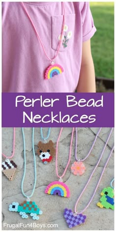 a child's necklace with the words perler bead necklaces on it