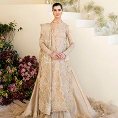 Long Skin Bridal Lehenga Kameez Pakistani Wedding Dresses Lehenga Kameez, Golden Lehenga, Tissue Fabric, Pakistani Bridal Dress, Raw Silk Lehenga, Resham Work, Long Trail, Dress Stand, Pakistani Bridal Dresses