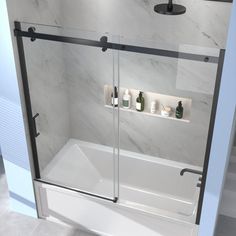 a white bath tub sitting next to a walk in shower with two shelves on the wall