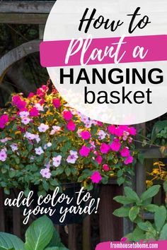 a hanging basket filled with pink and purple flowers