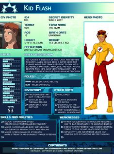 the character sheet for kid flash from dc super - heros, which is being used as