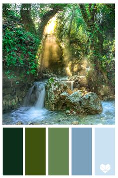 the color palette is green, blue and white with some water flowing down it's side