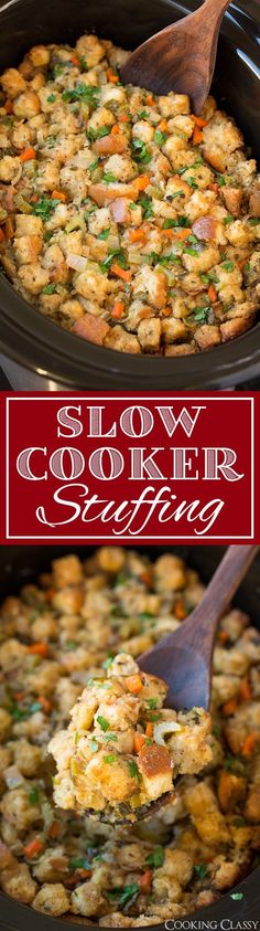 slow cooker stuffing in a slow cooker with a wooden spoon