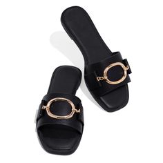 PRICES MAY VARY. MATERIAL: These open toe slide sandals for women featuring with soft high-quality leather and it has very good air permeability,the anti-skid rubber sole is very durable.You can wear them for a long time. UNIQUE DESIGN: Crafted from soft leather upper with gold round ring decoration. Open square toe one band-style offers you a superior fit and allow you to move through your day in relaxed comfort. OCCASION: Stylish women chain sandals are suitable for both women and girls. Made Summer Slide, Sandals Flat, Slippers Shoes, Strappy Sandals Heels, Womens Sandals Flat, Slipper Shoes, Ankle Strap Heels, Toe Designs, Sandals Summer