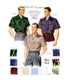 Fashion plates of the latest styles complete with sample fabric from a book sent only to retailers to choose their seasonal collections. Buyenlarge Size: 66" H x 44" W | Buyenlarge Happy G Luck Sport Shirts - Vintage Advertisement Print 30.0 H x 20.0 W x 1.5 D in white in Brown;green | 66" H x 44" W | Wayfair 50s Fashion Men, Fashion Frocks, 1950s Mens, Sport Shirts, Vintage Advertisement, 1940s Fashion, 1960s Fashion, Fashion Plates