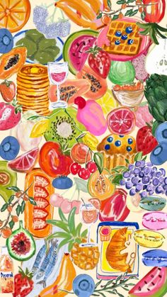 a painting of fruits and vegetables on a white background