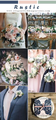 a collage of photos showing different wedding colors and flowers on the cake, with text that reads rustic