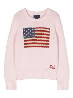 powder pink cotton patterned intarsia knit intarsia-knit logo crew neck long sleeves ribbed cuffs Fashion Outfits Pink, Ralph Lauren Kids Boys, Knit Intarsia, American Sweater, Soft Clothing, Clothes Wishlist, French Pink, Polo Ralph Lauren Kids, Dress With Jean Jacket