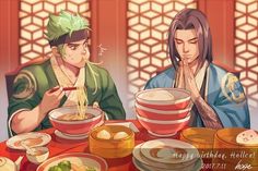 two people sitting at a table with bowls of food and chopsticks in front of them