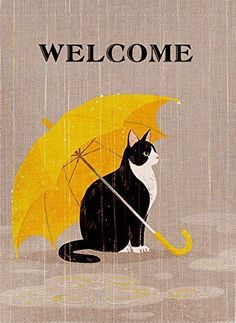 a black and white cat sitting under an umbrella with the words welcome written on it