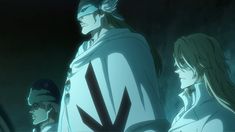 two anime characters standing next to each other in front of a dark room with lights on