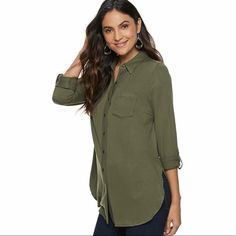 Vented Tunic Shirt Vented Hem 1-Pocket Button Front Button Tab Sleeves Roll From Long To 3/4-Length Jersey Construction Rayon, Spandex Machine Wash Color: Grape Leaf Grape Leaf, Petite Size Chart, Tunic Shirt, Womens Size Chart, Petite Size, Shirt Color, Fabric Care, Military Jacket, Colorful Shirts