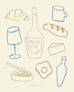 a drawing of some food and drinks on a white background with the words prose co written in it