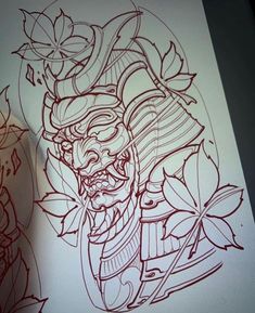 a drawing of a demon with leaves on it's head and another design in the background